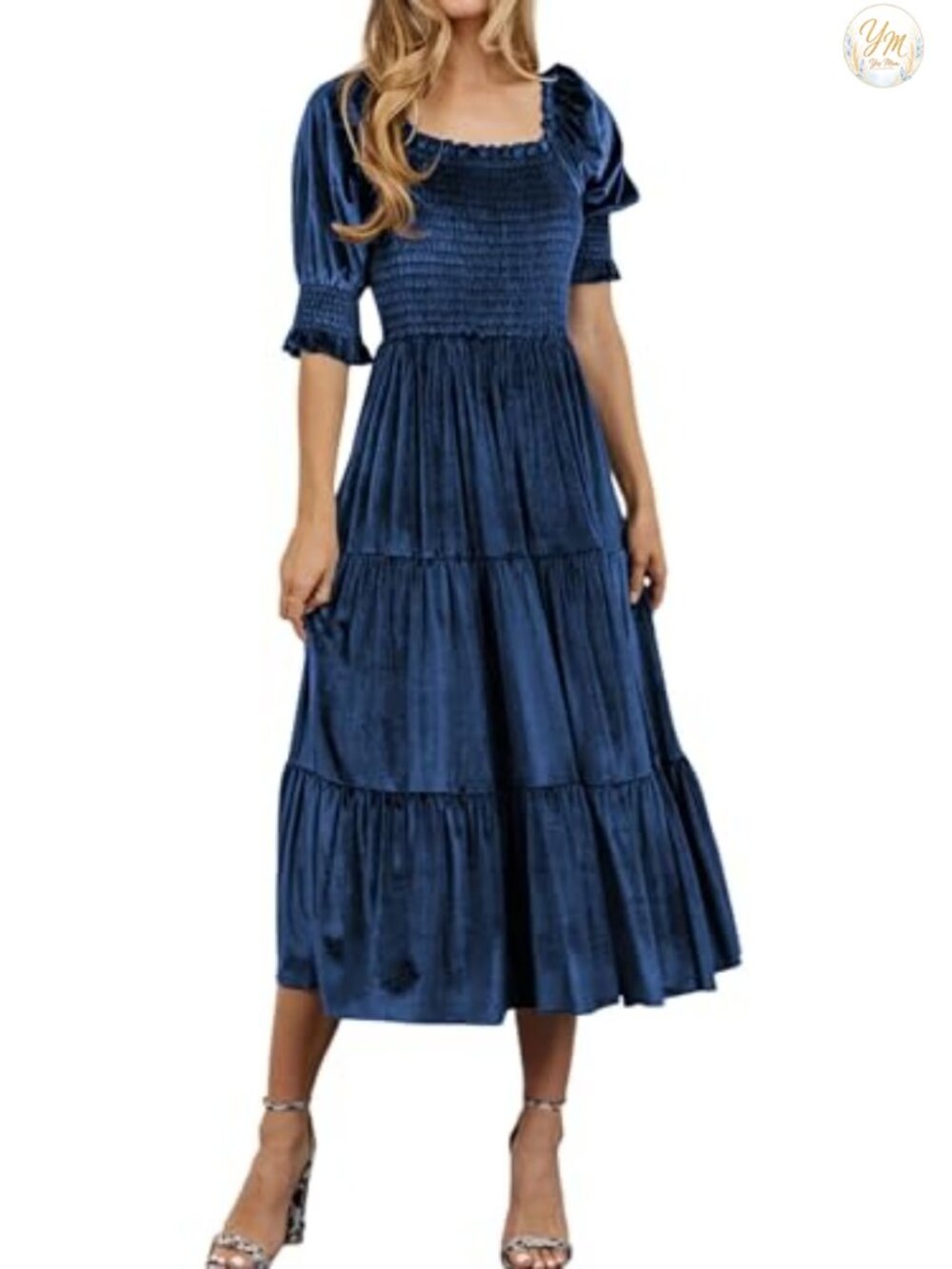 Velvet Square Neck Smocked Midi Dress Puff Sleeve Ruffle Fall
